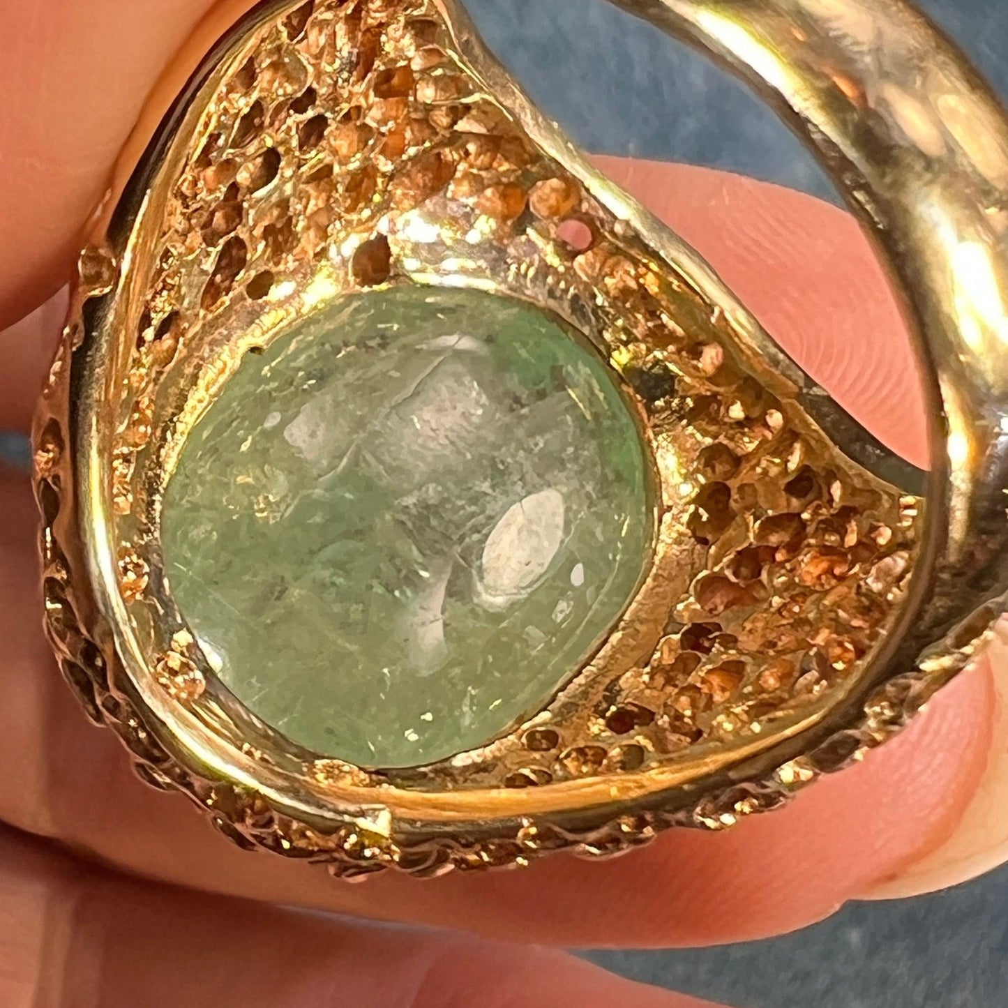 14k Gold Carved Emerald Ring w Diamonds. 1" + 20g *Video*