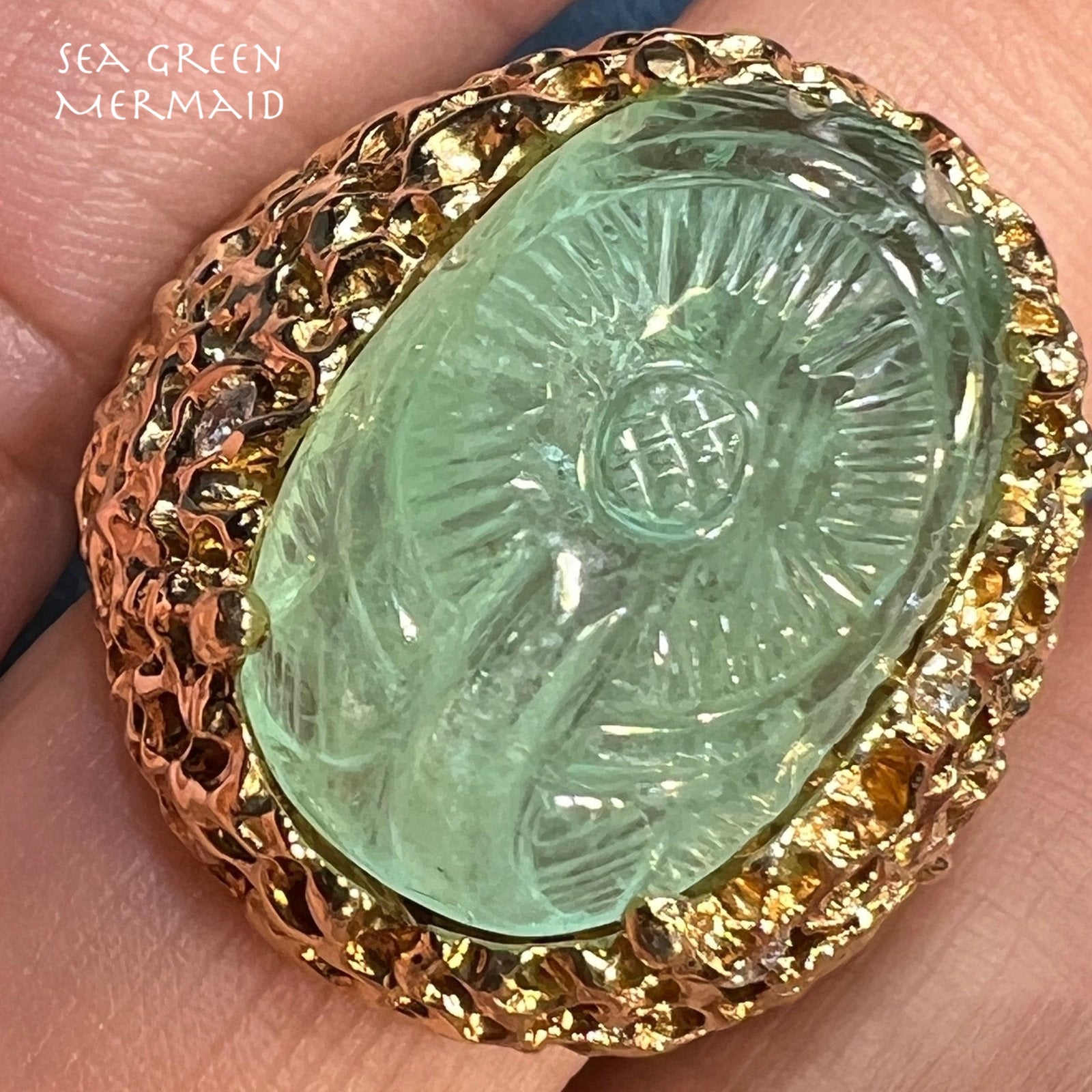 14k Gold Carved Emerald Ring w Diamonds. 1" + 20g *Video*