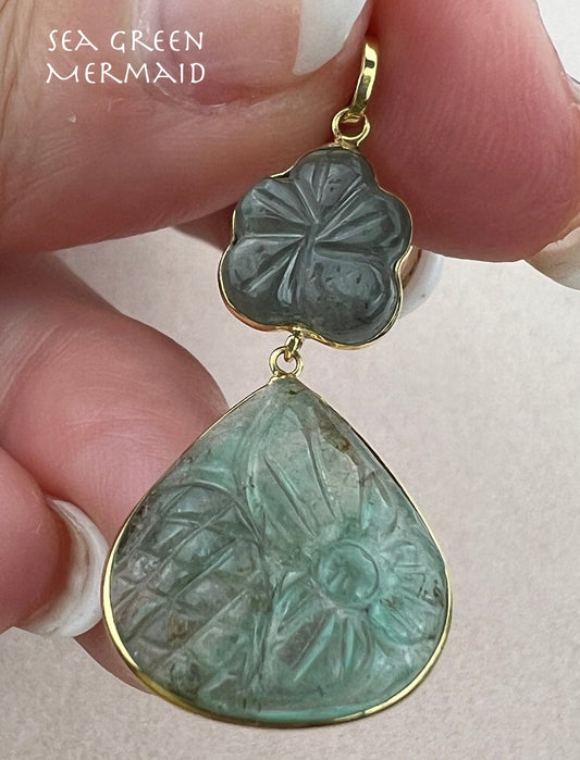 14k Gold Carved Emerald Teardrop Pendant *Video*