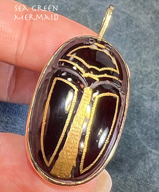 14k Gold Carved Garnet Antique Scarab Pendant. 2" + 17g *Video*