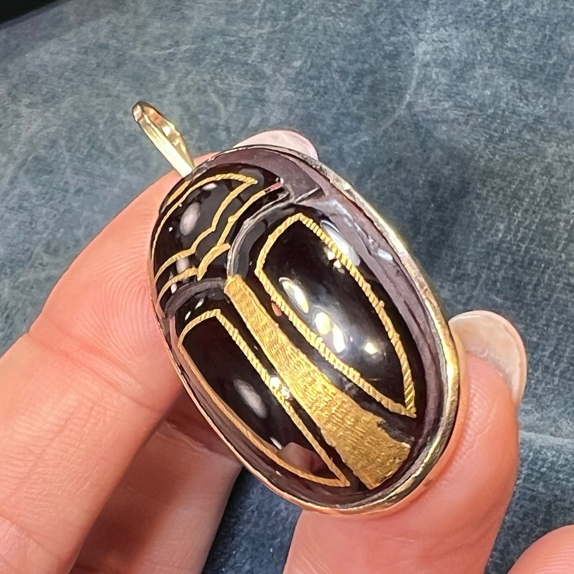 14k Gold Carved Garnet Antique Scarab Pendant. 2" + 17g *Video*