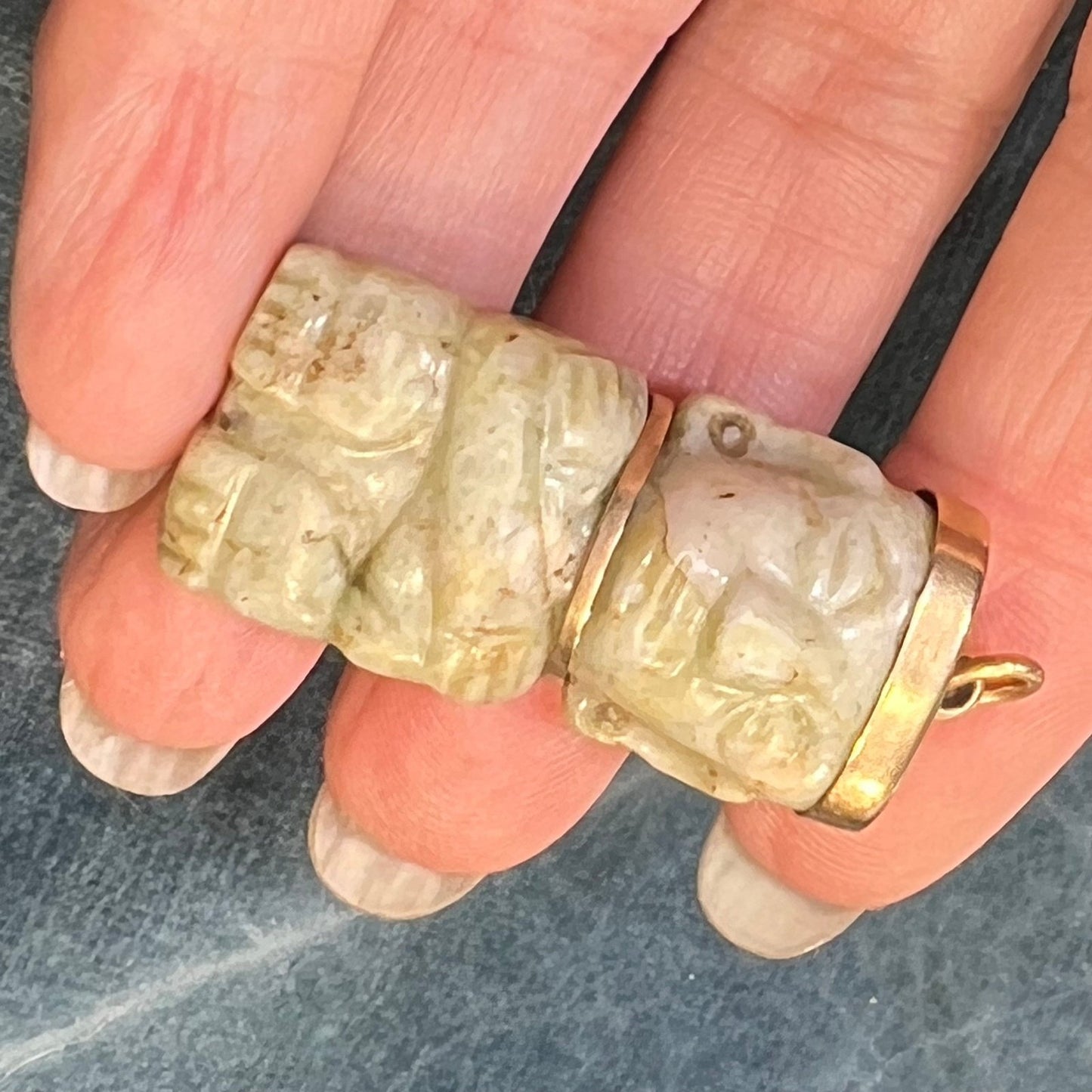 14k Gold Carved Jade Ancient Aztec God of FIRE Pendant. 1.75"