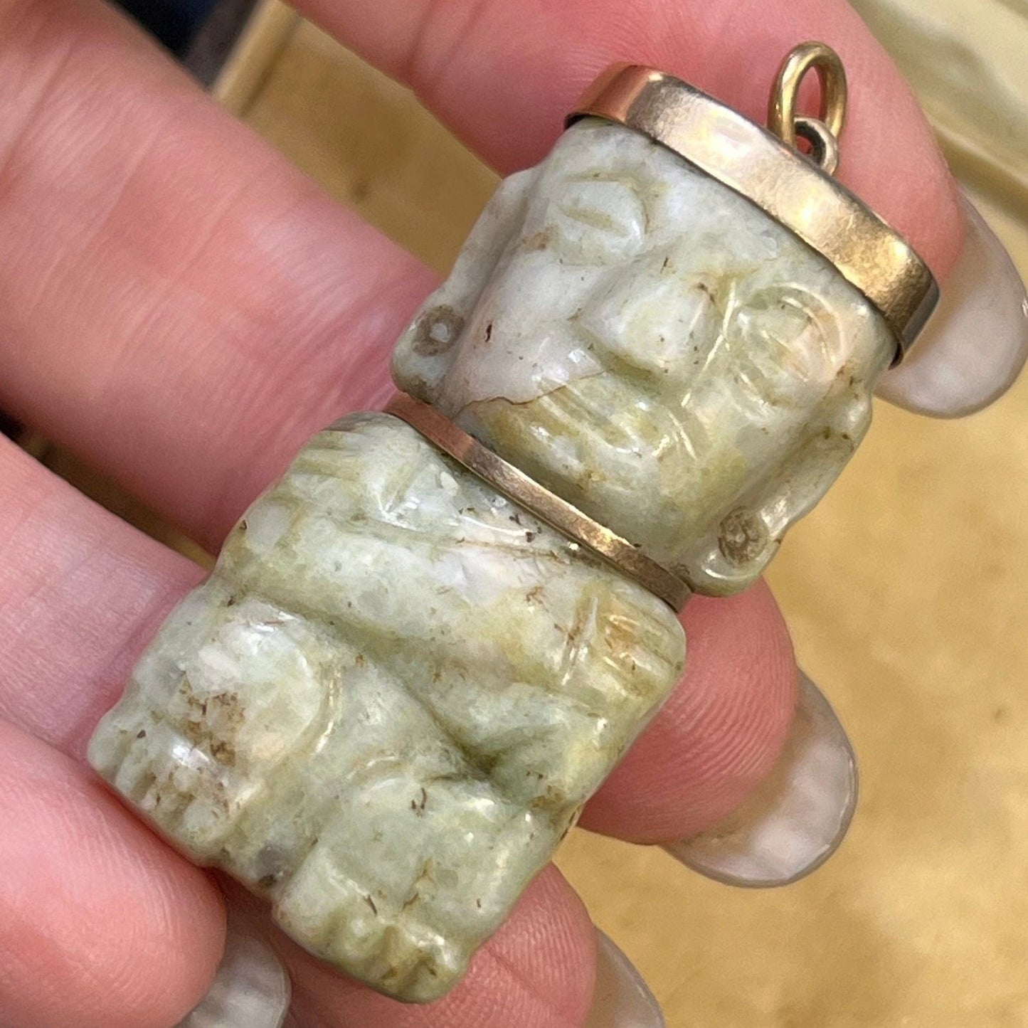 14k Gold Carved Jade Ancient Aztec God of FIRE Pendant. 1.75"