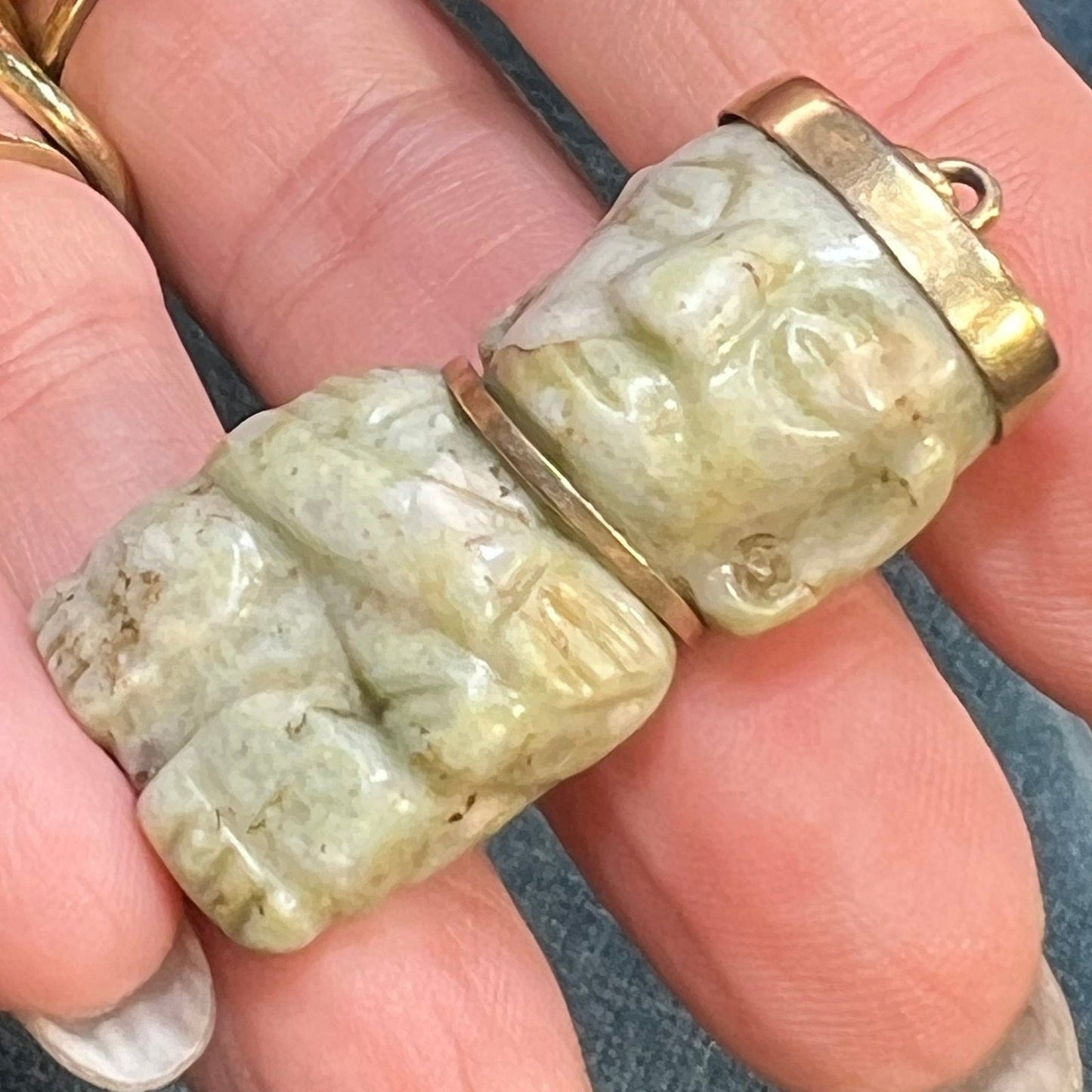 14k Gold Carved Jade Ancient Aztec God of FIRE Pendant. 1.75"