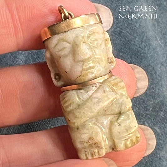 14k Gold Carved Jade Ancient Aztec God of FIRE Pendant. 1.75"
