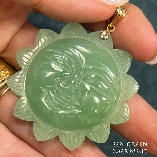 14k Gold Carved Jade SUN Pendant w Smiling Face. 2"