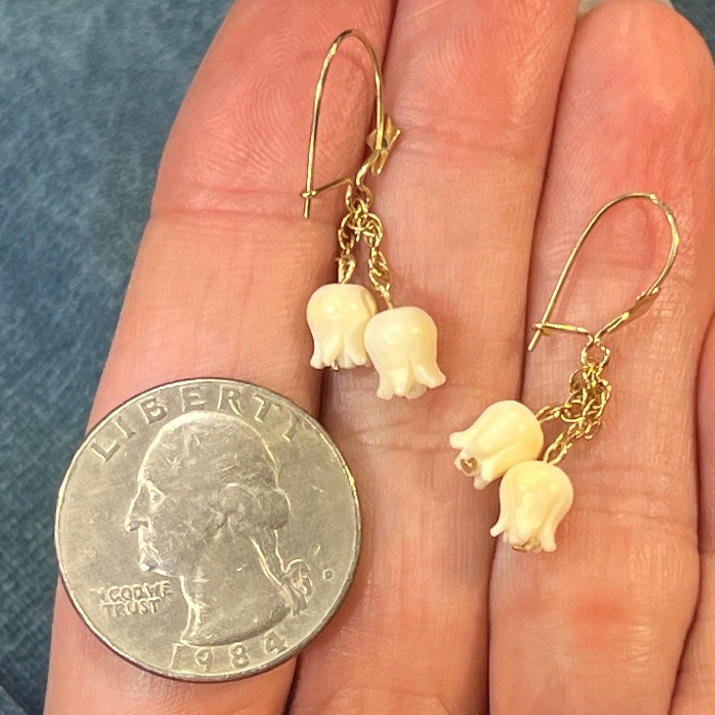 14k Gold Carved LILY of the VALLEY Flower Earrings. Tiny Dangles!