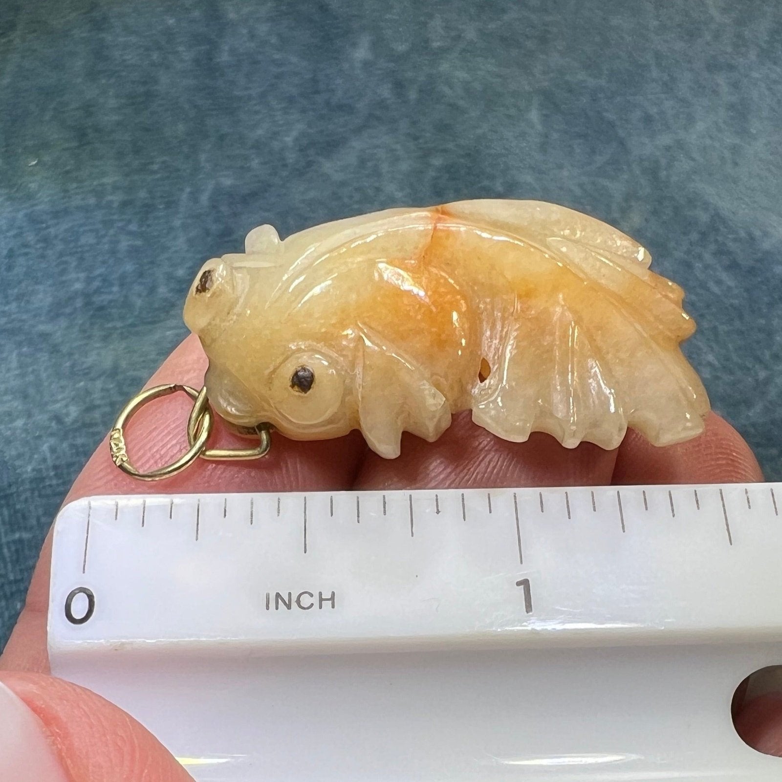 14k Gold Carved Peach Jade Koi Fish Pendant. 1.5" + 7g