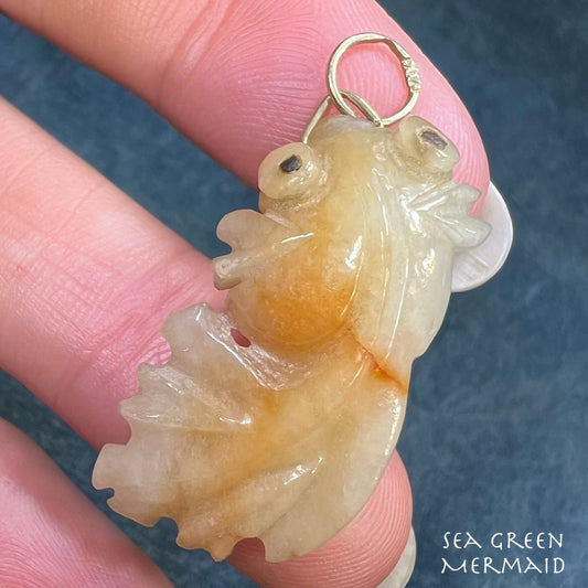 14k Gold Carved Peach Jade Koi Fish Pendant. 1.5" + 7g