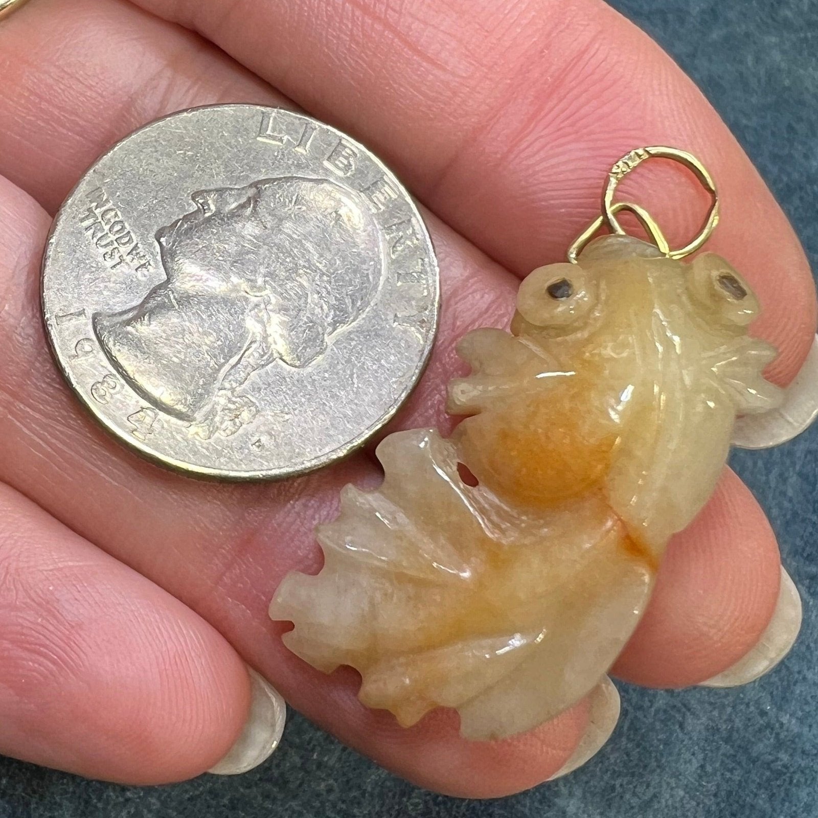 14k Gold Carved Peach Jade Koi Fish Pendant. 1.5" + 7g
