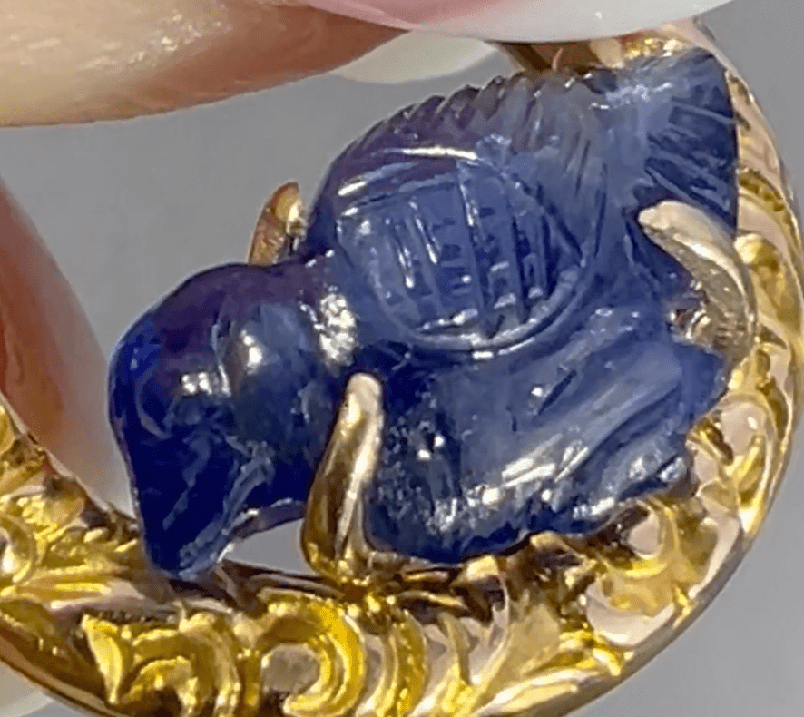 14k Gold Carved Sapphire Blue Bird in 10k Circle Pendant *Video*