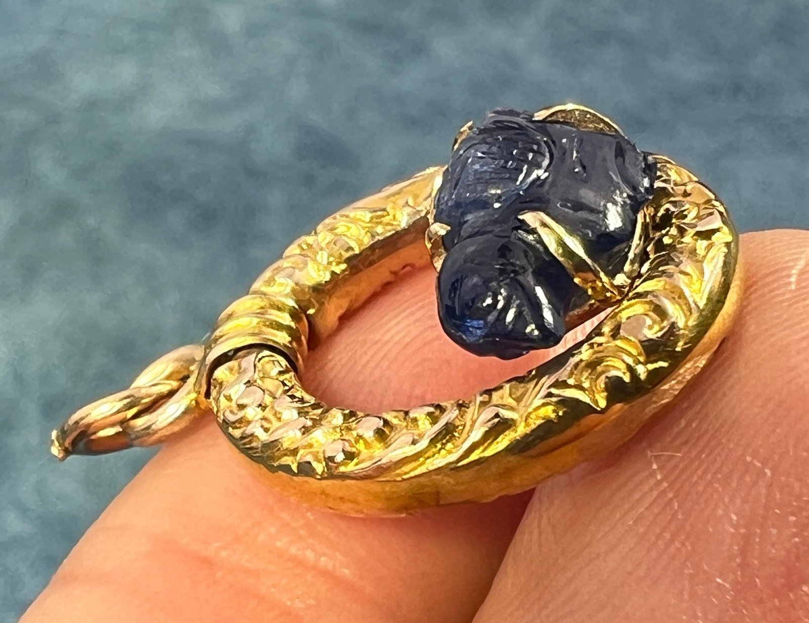 14k Gold Carved Sapphire Blue Bird in 10k Circle Pendant *Video*