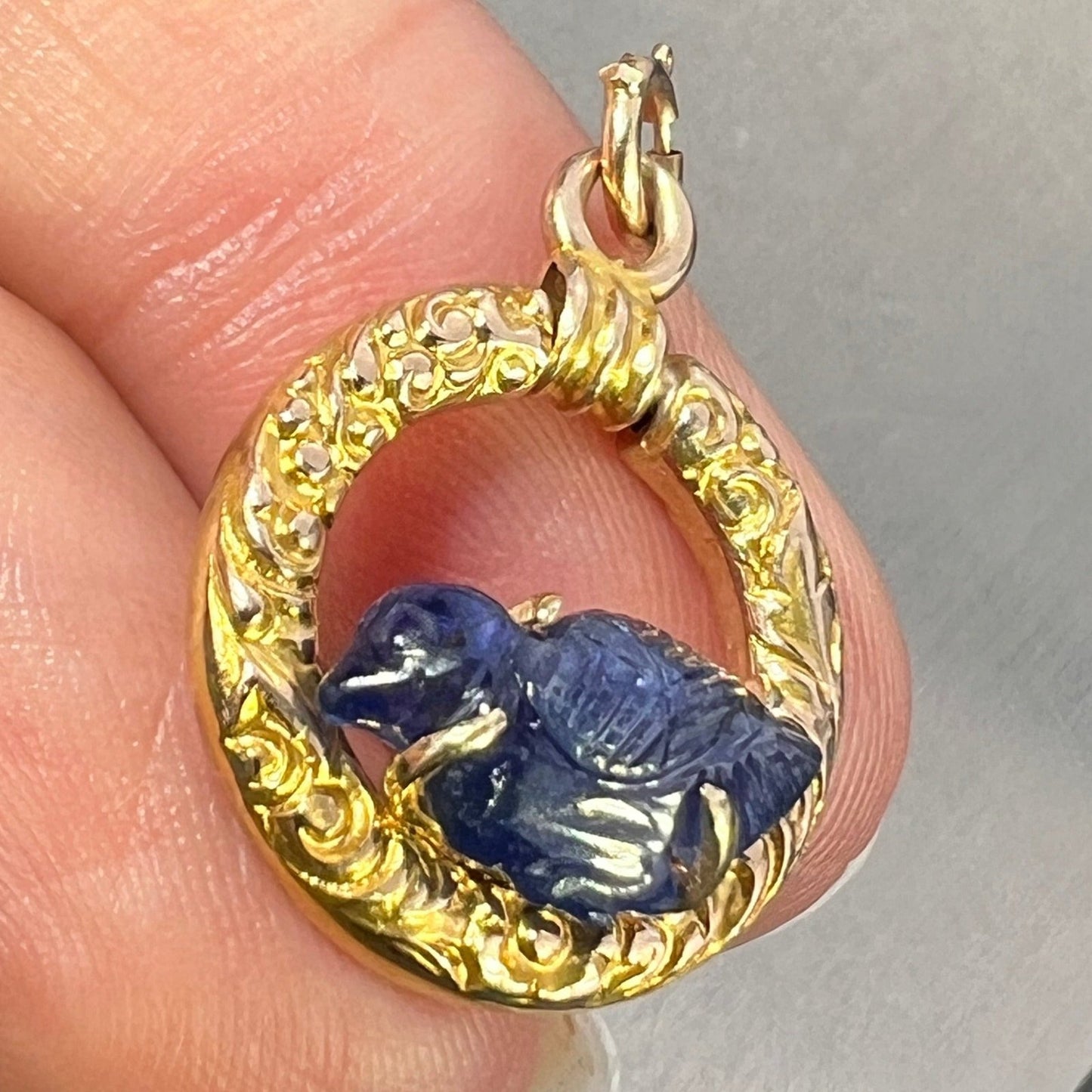 14k Gold Carved Sapphire Blue Bird in 10k Circle Pendant *Video*