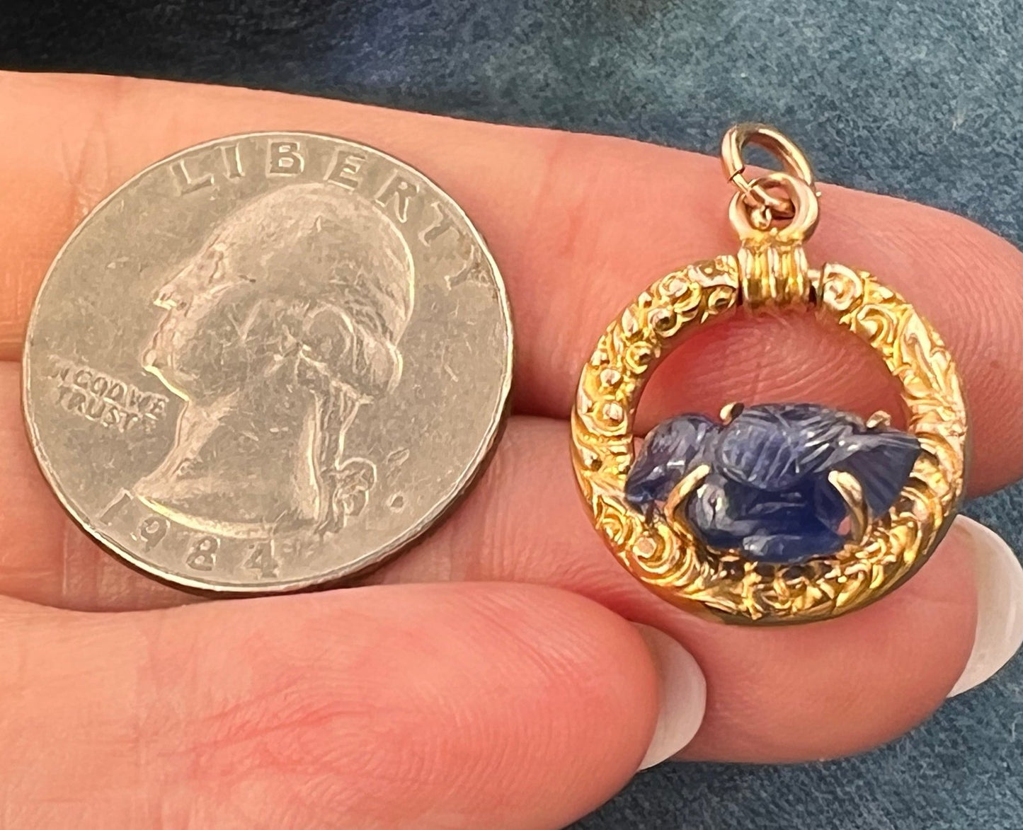 14k Gold Carved Sapphire Blue Bird in 10k Circle Pendant *Video*