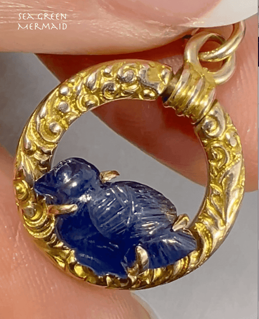 14k Gold Carved Sapphire Blue Bird in 10k Circle Pendant *Video*