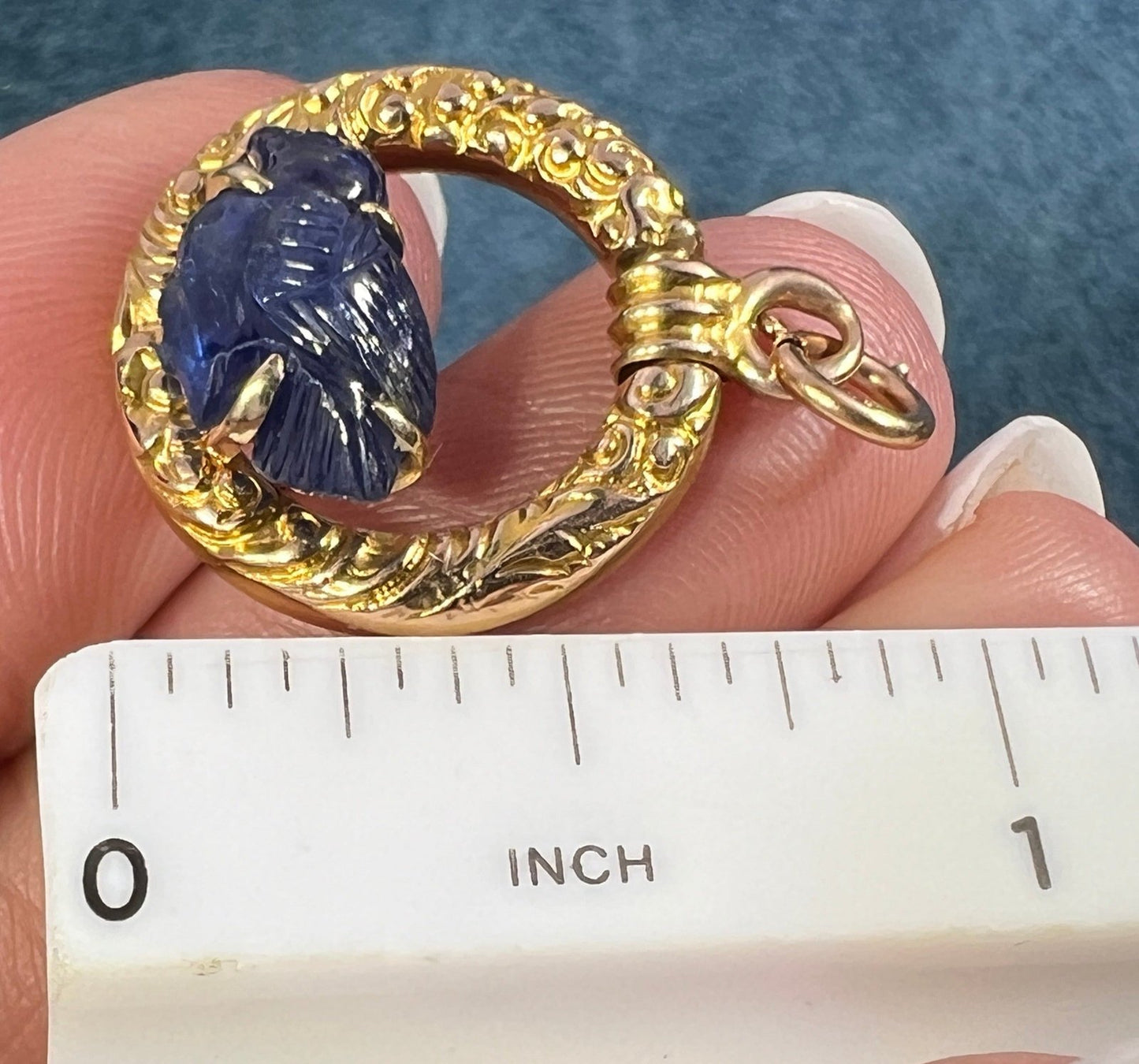 14k Gold Carved Sapphire Blue Bird in 10k Circle Pendant *Video*