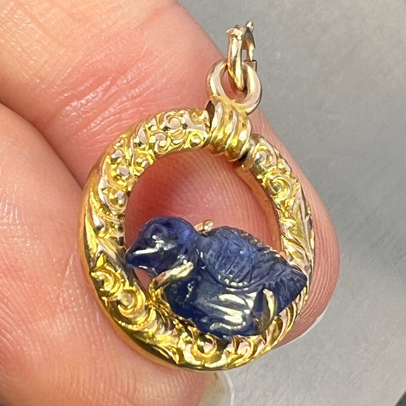 14k Gold Carved Sapphire Blue Bird in 10k Circle Pendant *Video*