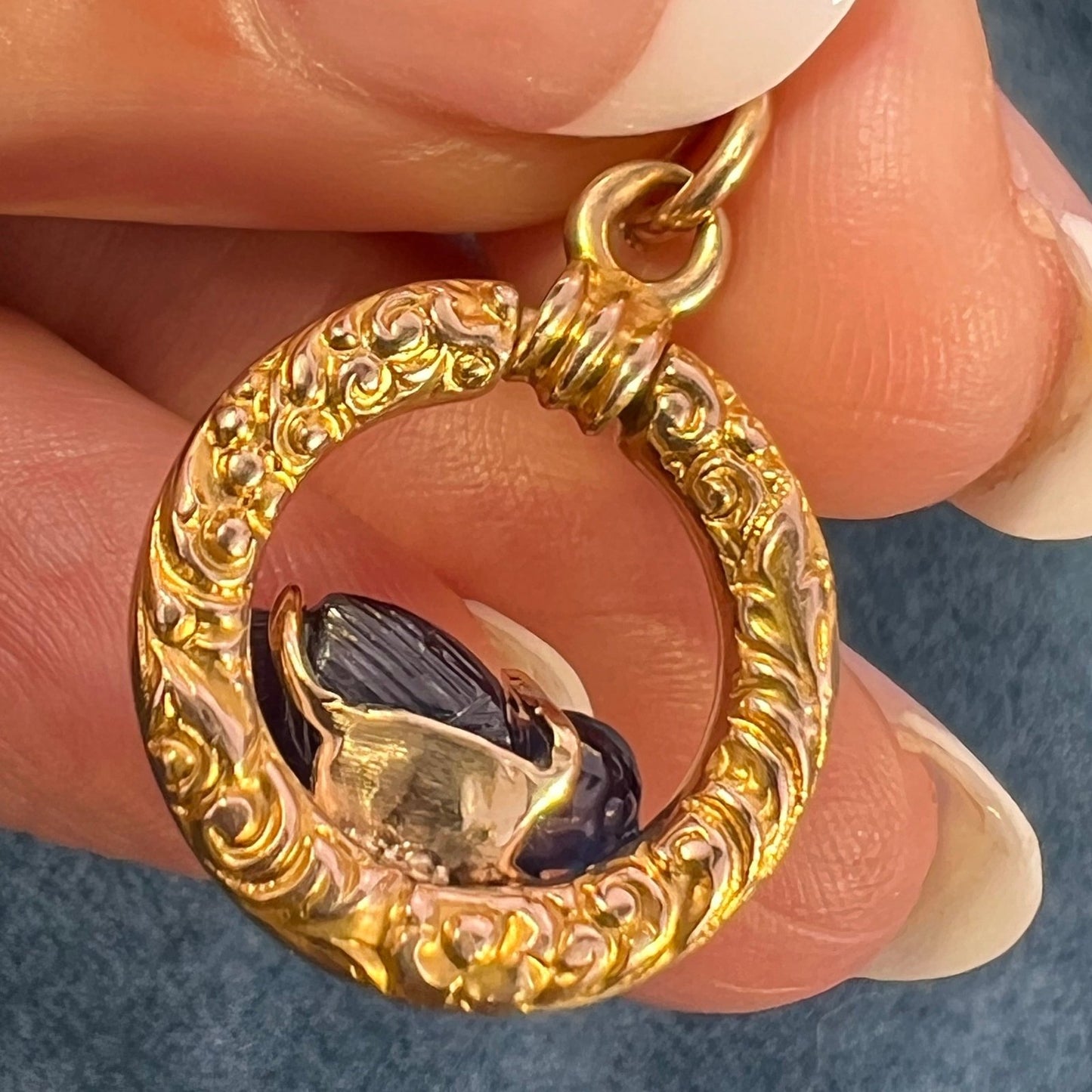 14k Gold Carved Sapphire Blue Bird in 10k Circle Pendant *Video*