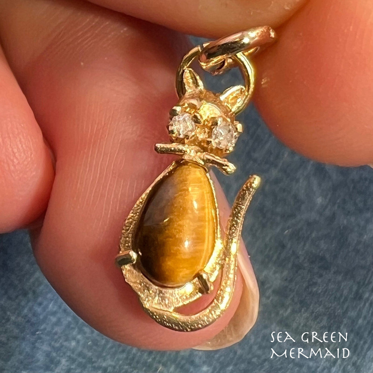 14k Gold Cat Pendant w Tigers Eye Jelly Belly + Diamond Eyes. 3/4"