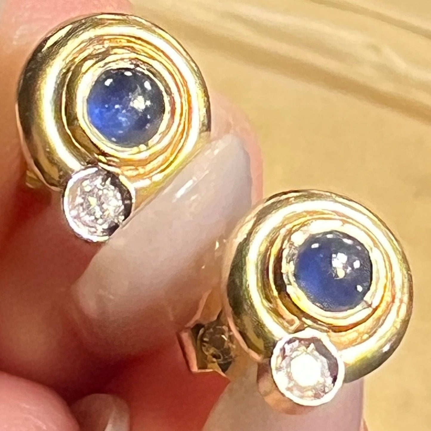 14k Gold Ceylon Blue Sapphire Cabochon + Diamond Earrings