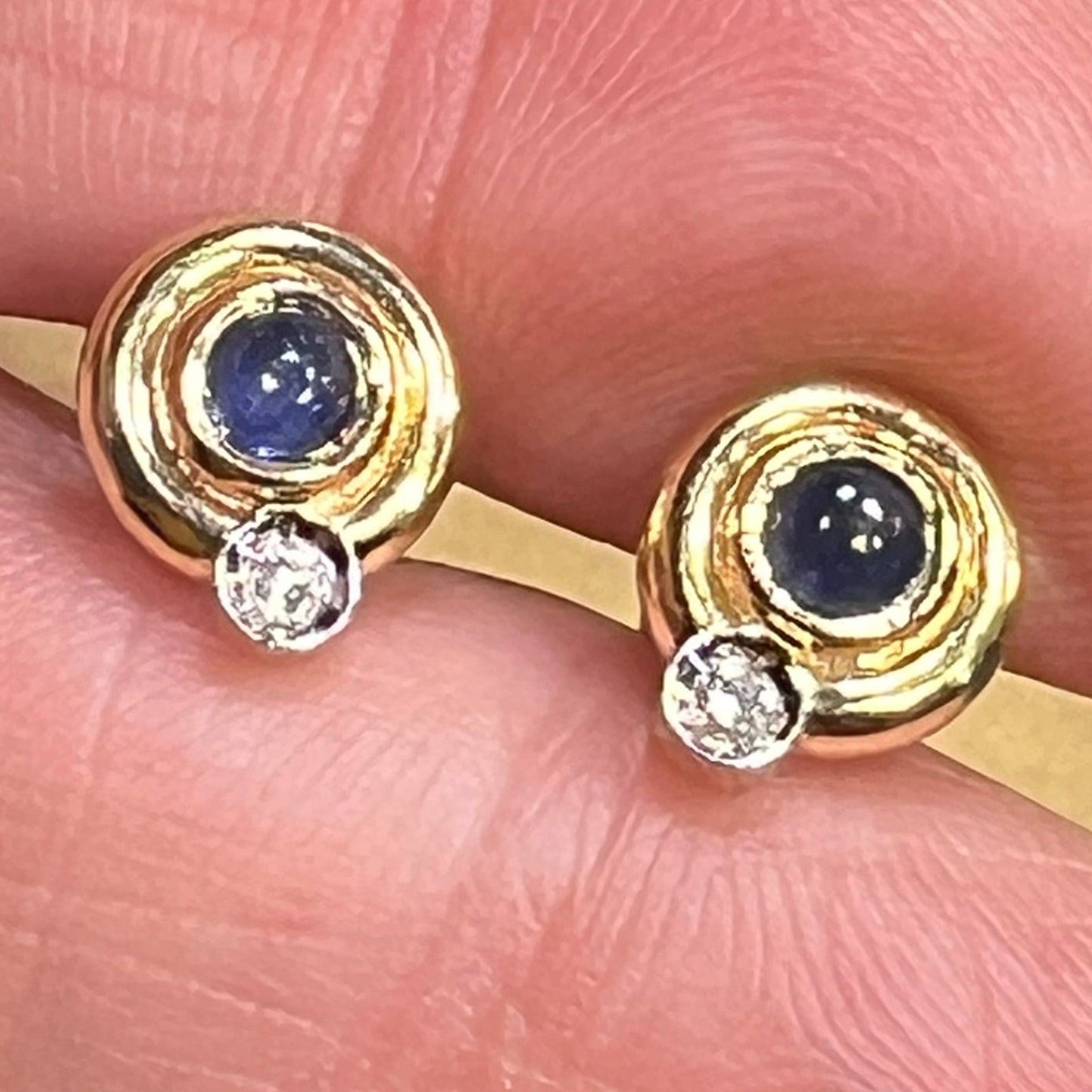 14k Gold Ceylon Blue Sapphire Cabochon + Diamond Earrings