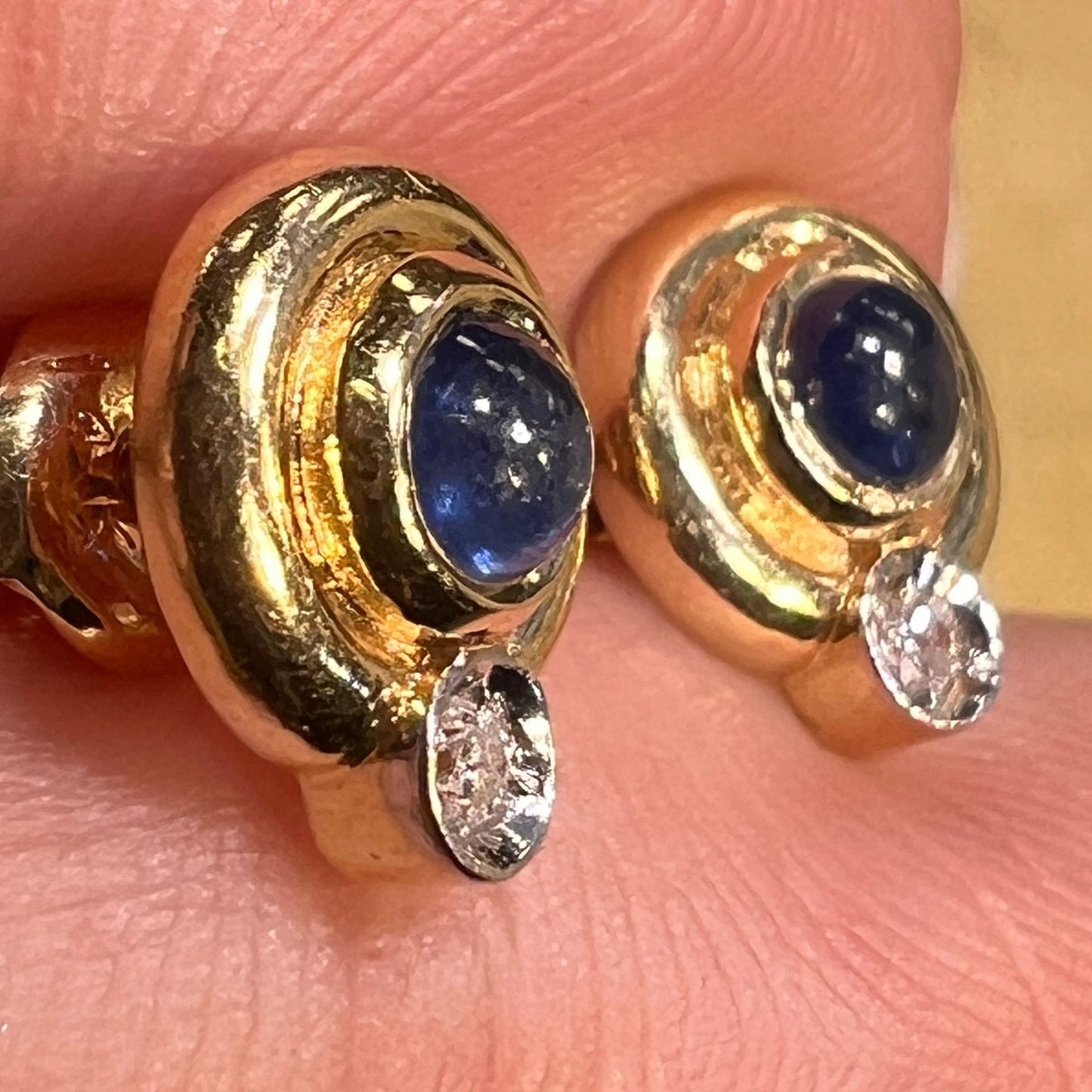 14k Gold Ceylon Blue Sapphire Cabochon + Diamond Earrings