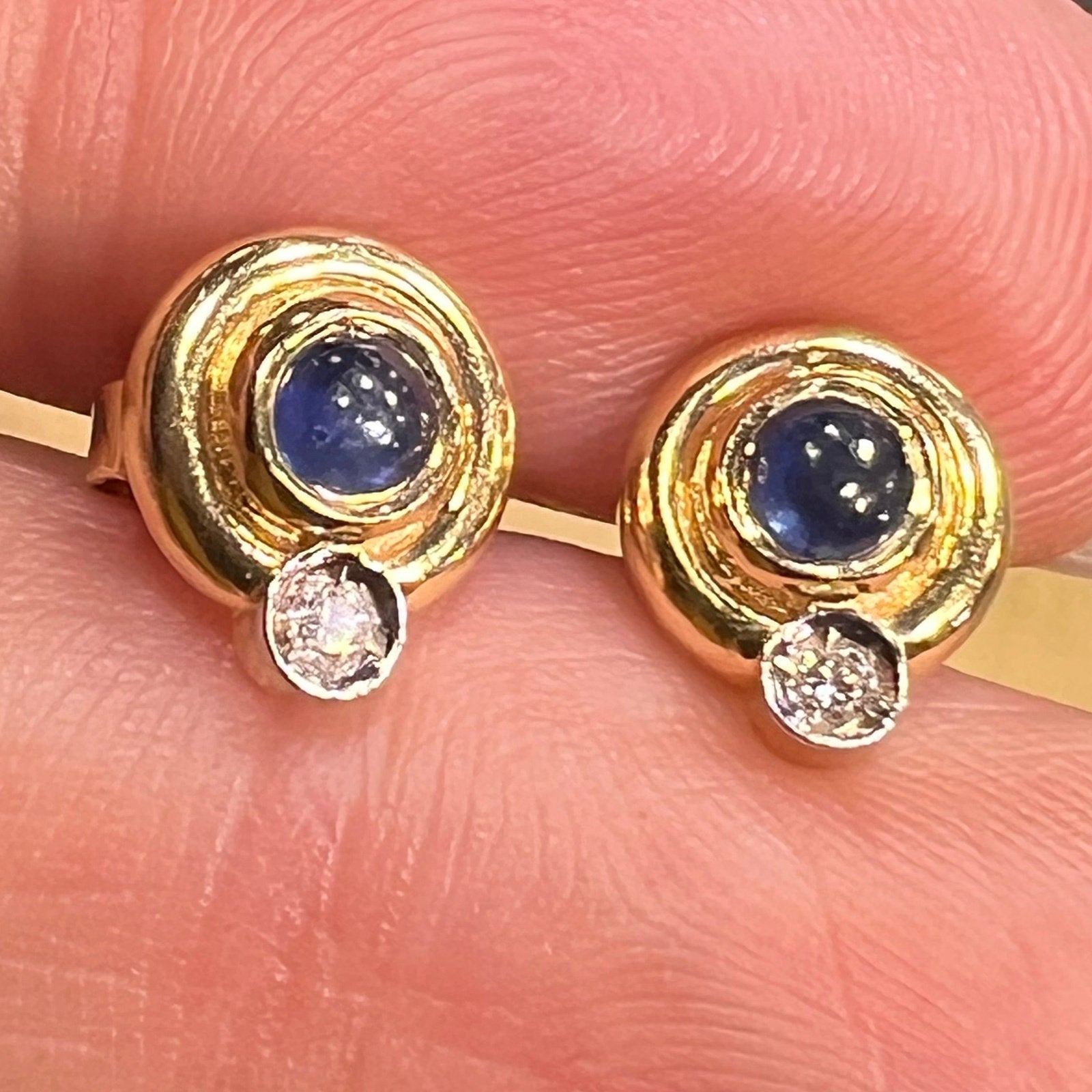 14k Gold Ceylon Blue Sapphire Cabochon + Diamond Earrings