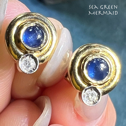 14k Gold Ceylon Blue Sapphire Cabochon + Diamond Earrings