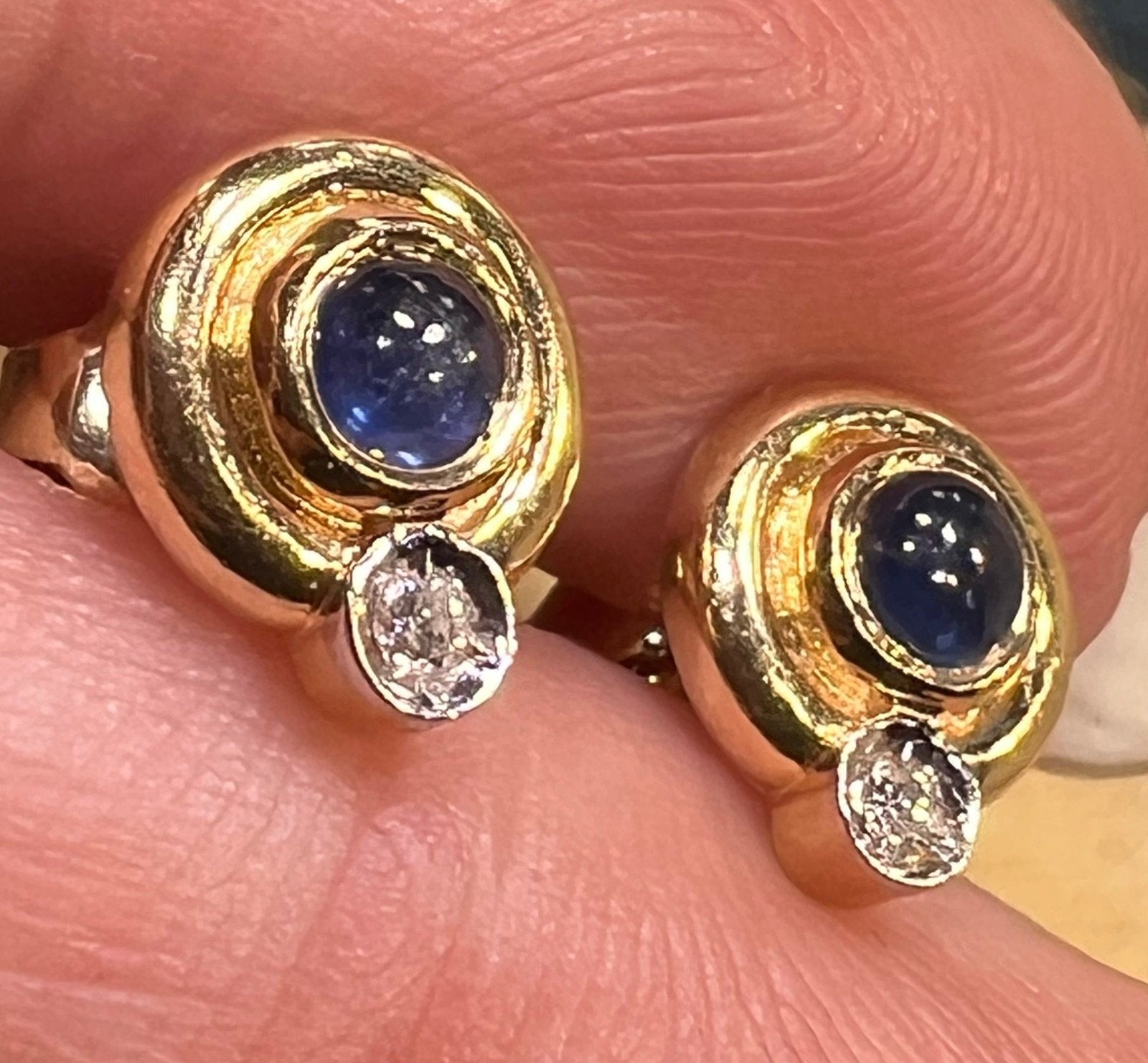 14k Gold Ceylon Blue Sapphire Cabochon + Diamond Earrings