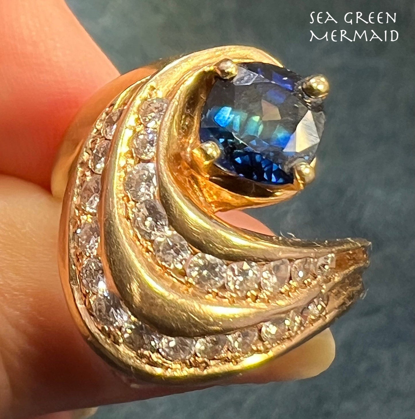 14k Gold Ceylon Blue Sapphire Ring w Diamonds. Ocean Wave *Video*
