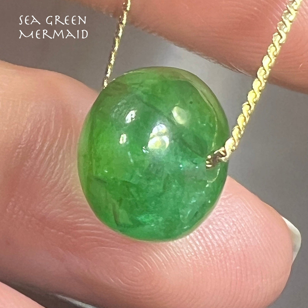 14k Gold Chain Necklace w Emerald Cabochon Pendant *Video*