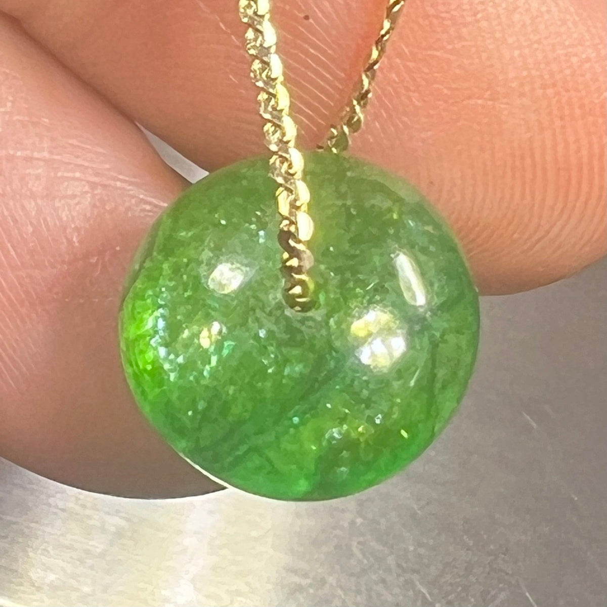14k Gold Chain Necklace w Emerald Cabochon Pendant *Video*