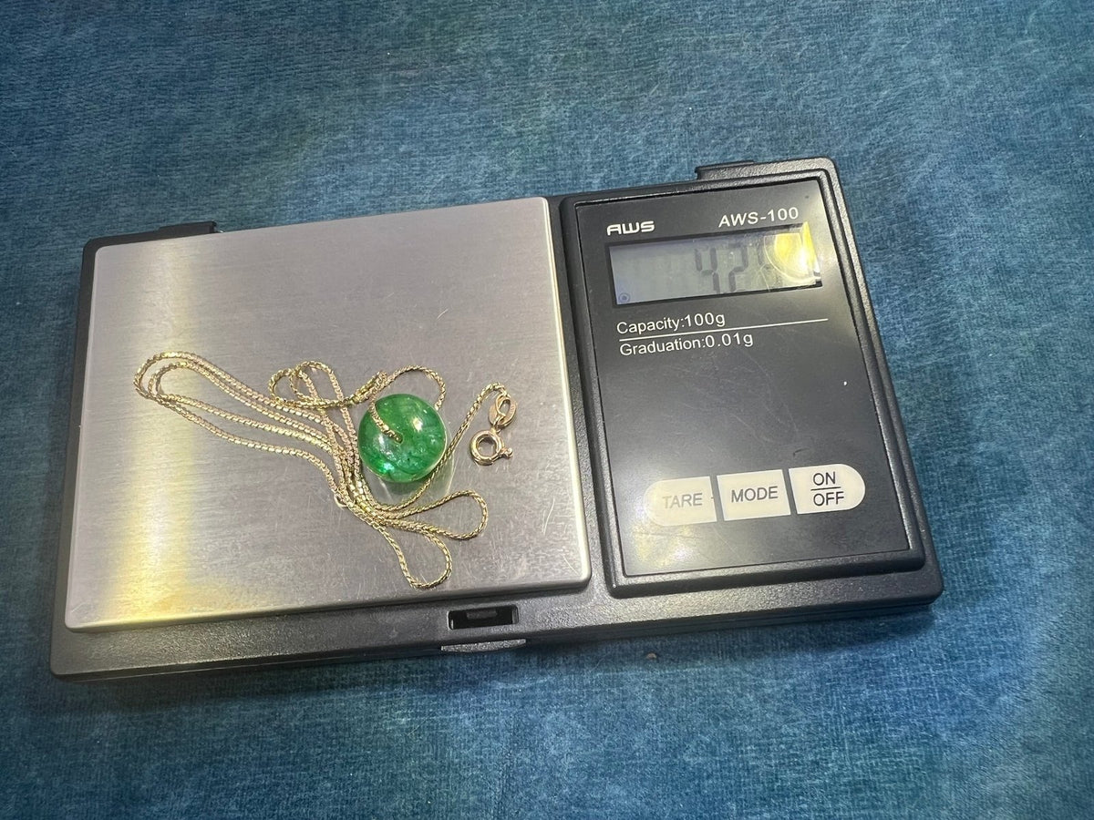 14k Gold Chain Necklace w Emerald Cabochon Pendant *Video*
