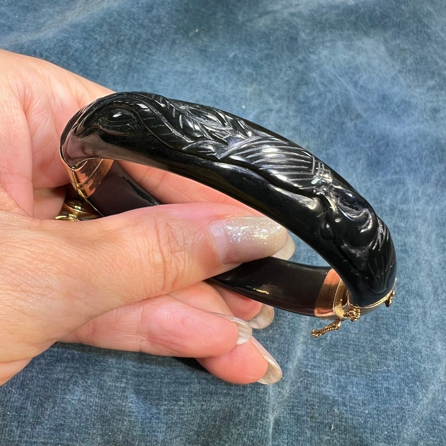 14k Gold Chinese Mythical Phoenix Onyx Hinged Bangle *Video*