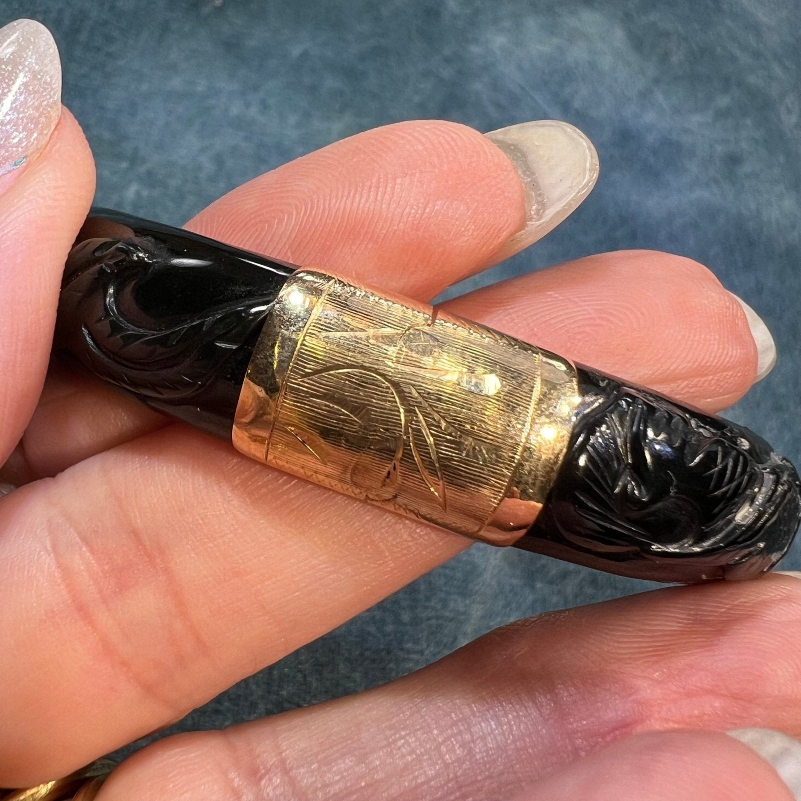 14k Gold Chinese Mythical Phoenix Onyx Hinged Bangle *Video*