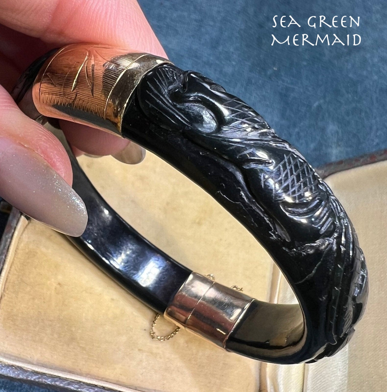 14k Gold Chinese Mythical Phoenix Onyx Hinged Bangle *Video*