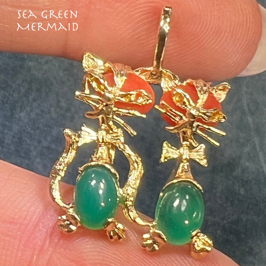 14k Gold Chrysoprase Coral Kitty Cat Friends Sisters Pendant. Jelly Belly!
