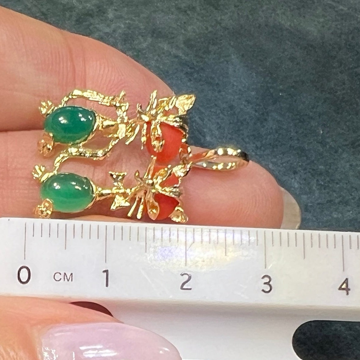 14k Gold Chrysoprase Coral Kitty Cat Friends Sisters Pendant. Jelly Belly!