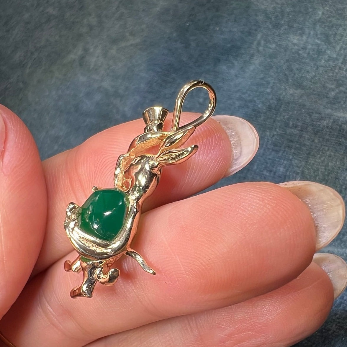 14k Gold Chrysoprase Mr. Bunny in Tophat Pendant. Jelly Belly! *Video*