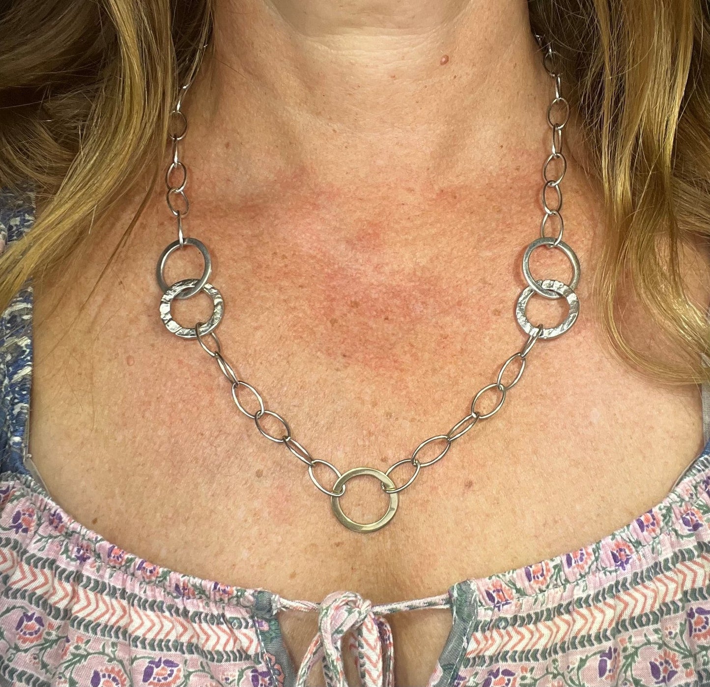 14k Gold Circle Pendant on Silver Chain Necklace. Designer. 33g