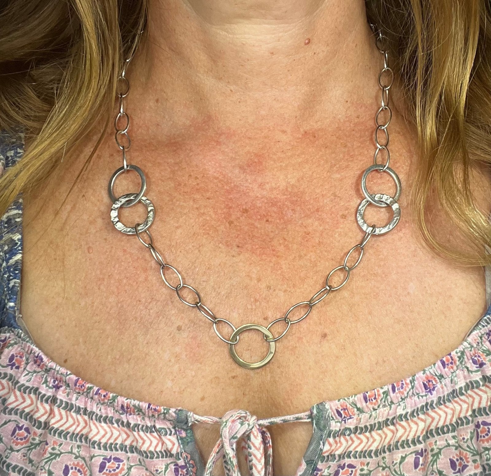 14k Gold Circle Pendant on Silver Chain Necklace. Designer. 33g