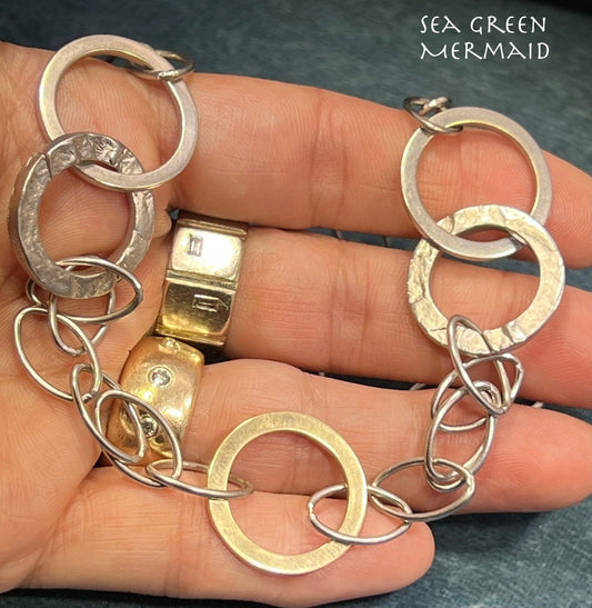 14k Gold Circle Pendant on Silver Chain Necklace. Designer. 33g