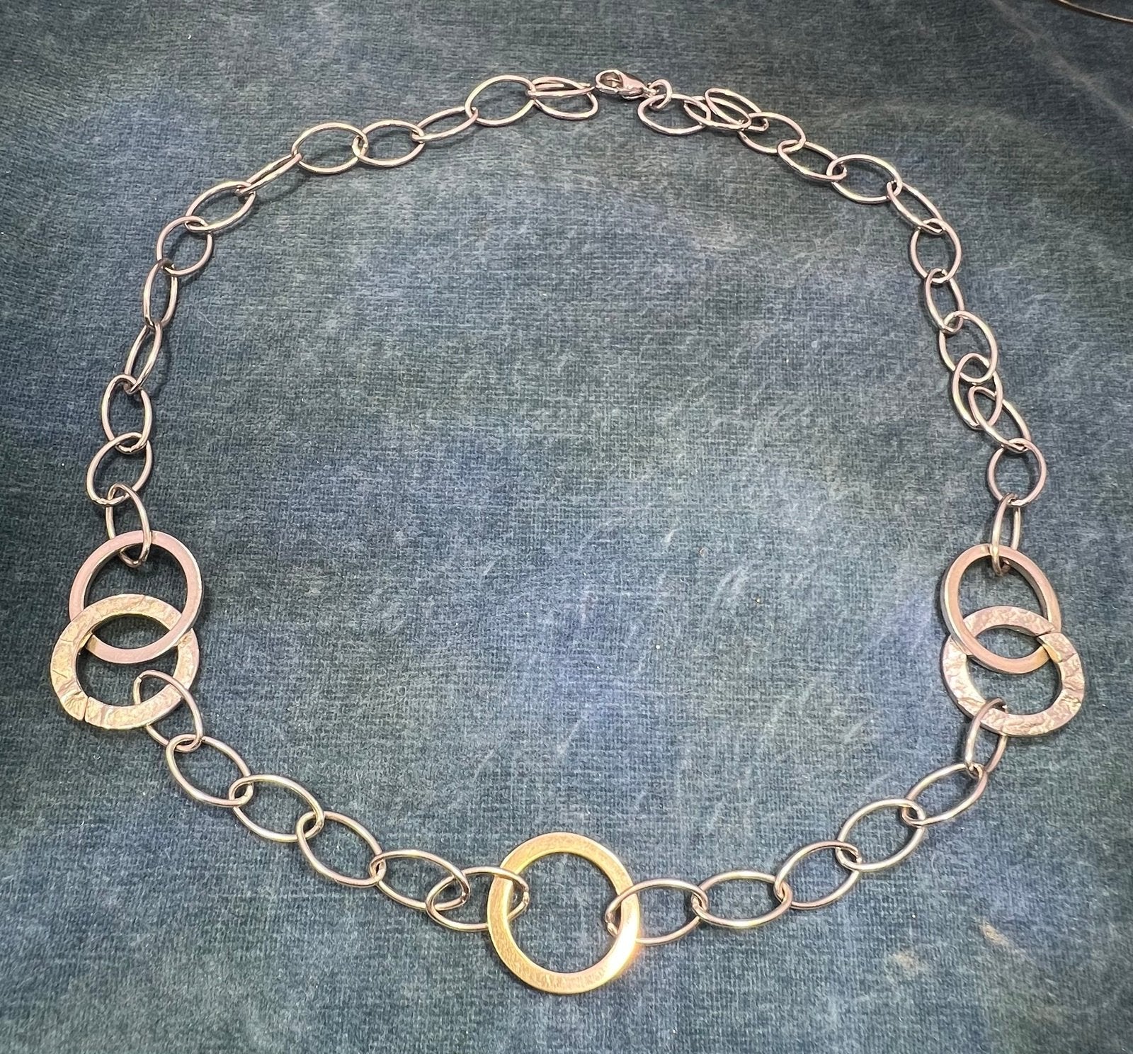 14k Gold Circle Pendant on Silver Chain Necklace. Designer. 33g