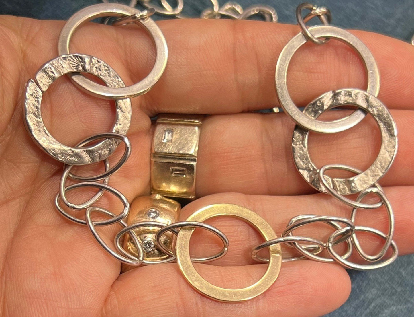 14k Gold Circle Pendant on Silver Chain Necklace. Designer. 33g