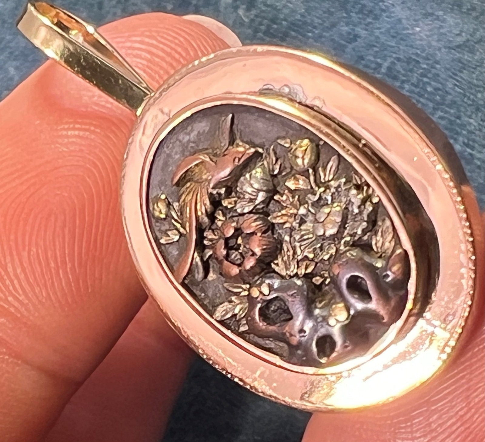 14k Gold & Copper Japanese SHAKUDO Birds + Flowers Pendant - R