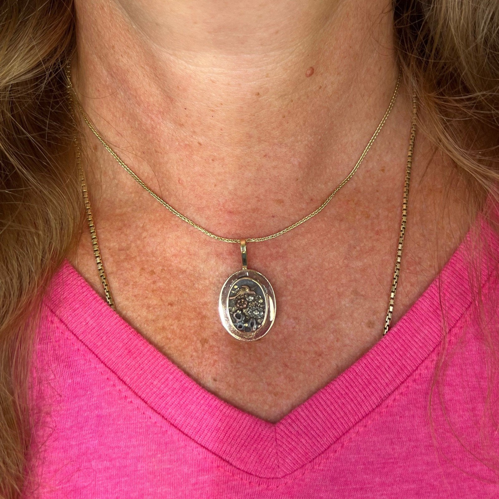 14k Gold & Copper Japanese SHAKUDO Birds + Flowers Pendant - R