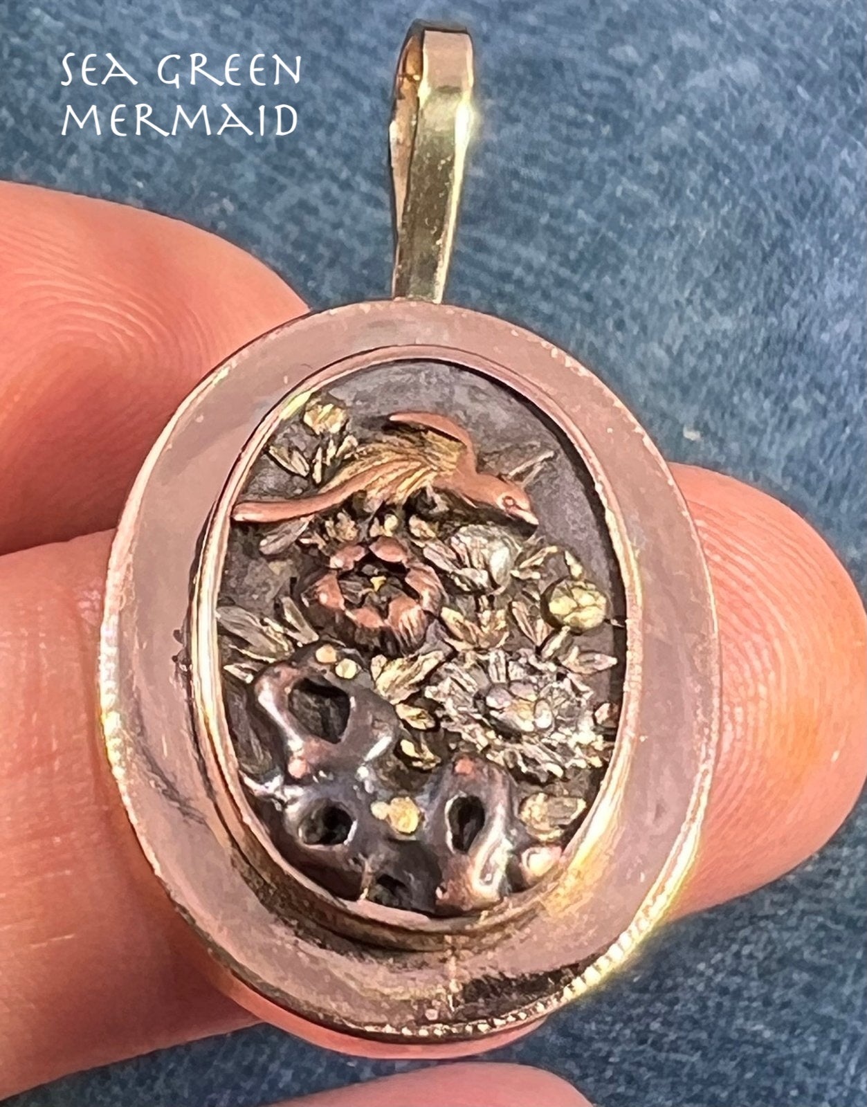 14k Gold & Copper Japanese SHAKUDO Birds + Flowers Pendant - R