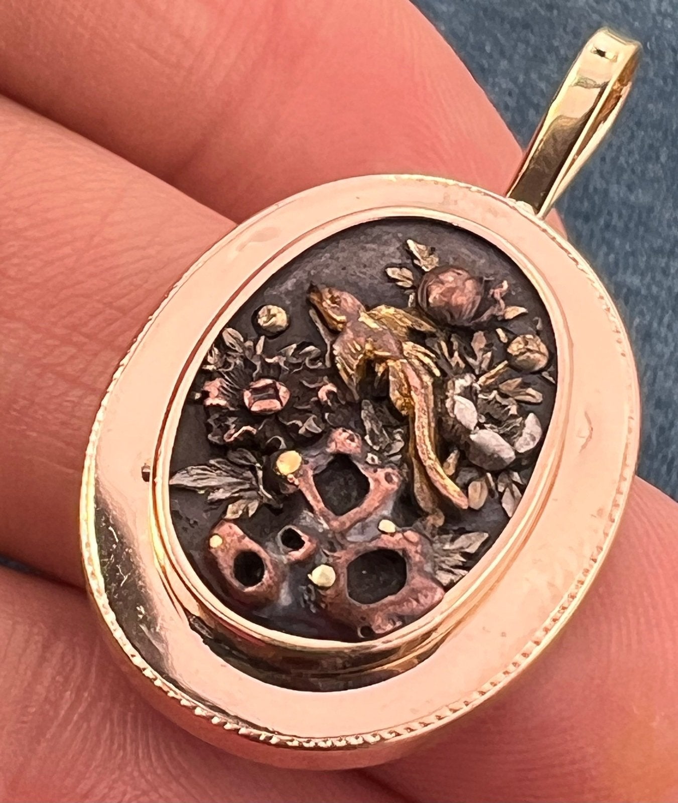 14k Gold & Copper Japanese SHAKUDO Birds + Flowers Pendant - L