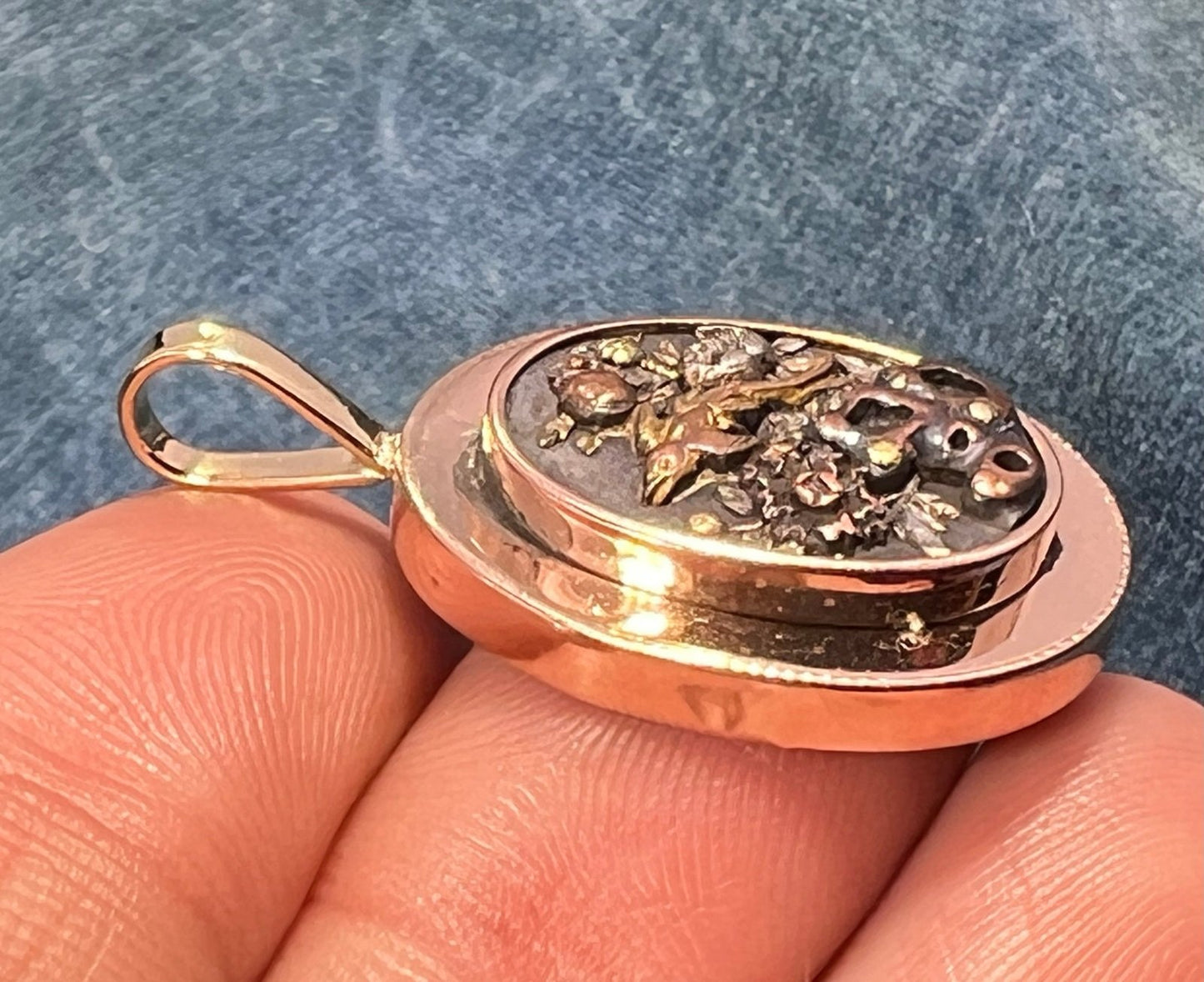 14k Gold & Copper Japanese SHAKUDO Birds + Flowers Pendant - L