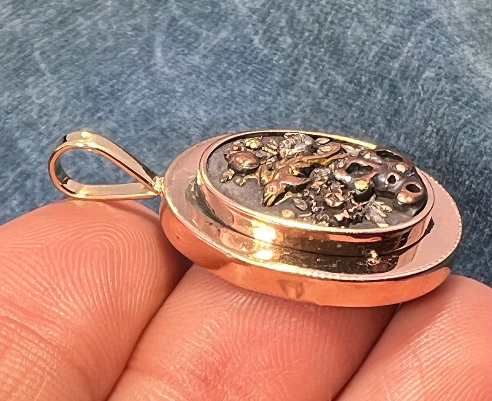 14k Gold & Copper Japanese SHAKUDO Birds + Flowers Pendant - L